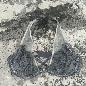 Victoria Secret very sexy unlined plunge bra in gray lace and sheer